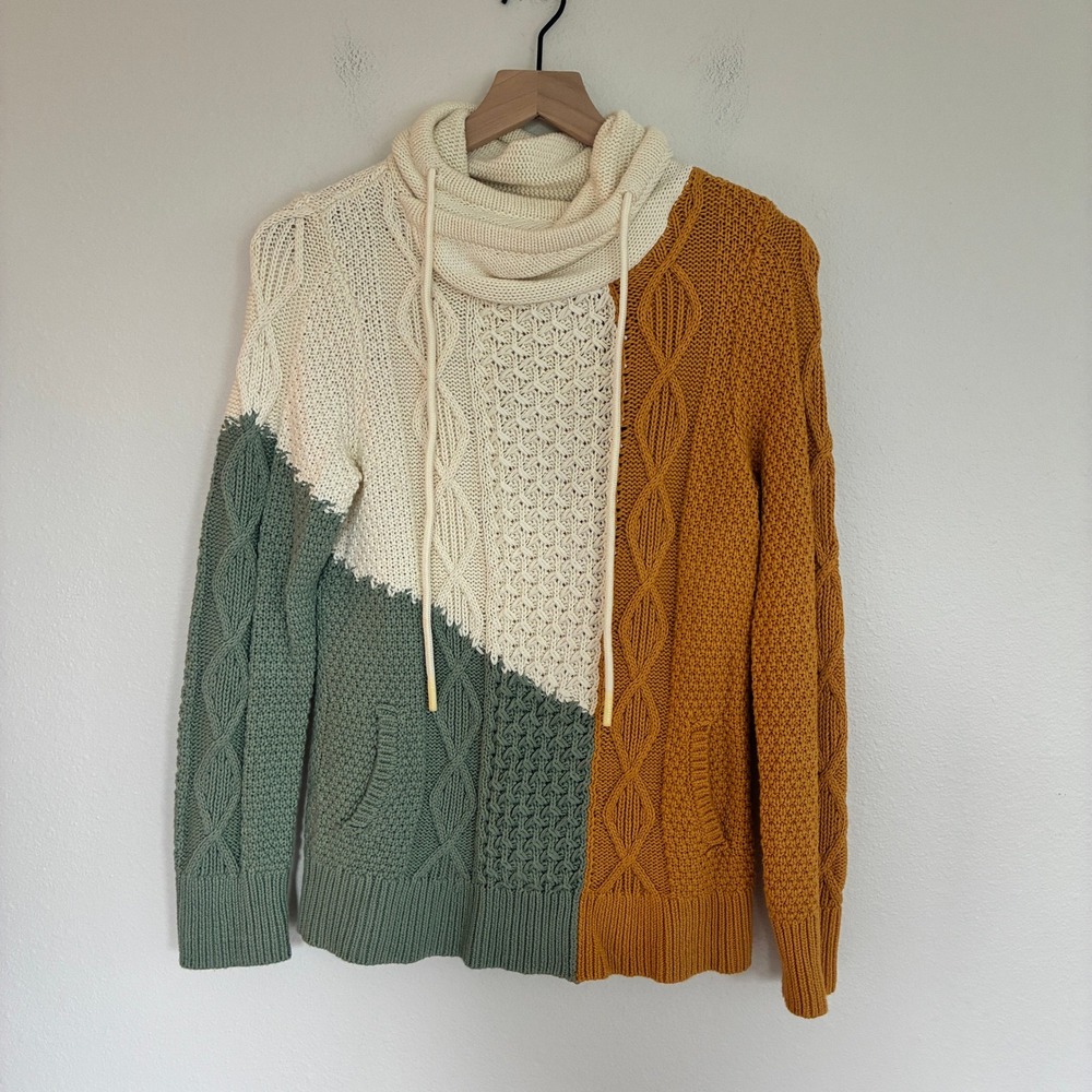 LL Bean Signature Cowl Neck Sweater Womens XS Colorblock Cable Knit Fisherman